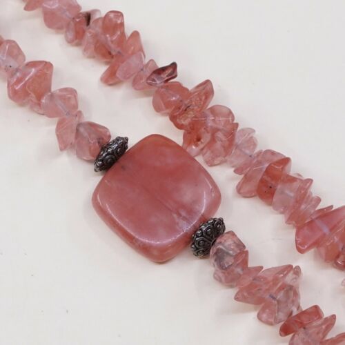 7”, Vtg Antique Silver Tone Handmade Bracelet W/ Pink Quartz Nuggets