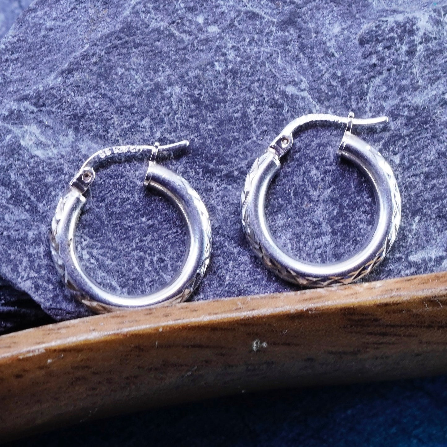 0.75”, vintage Sterling silver handmade earrings, textured 925 hoops, huggie