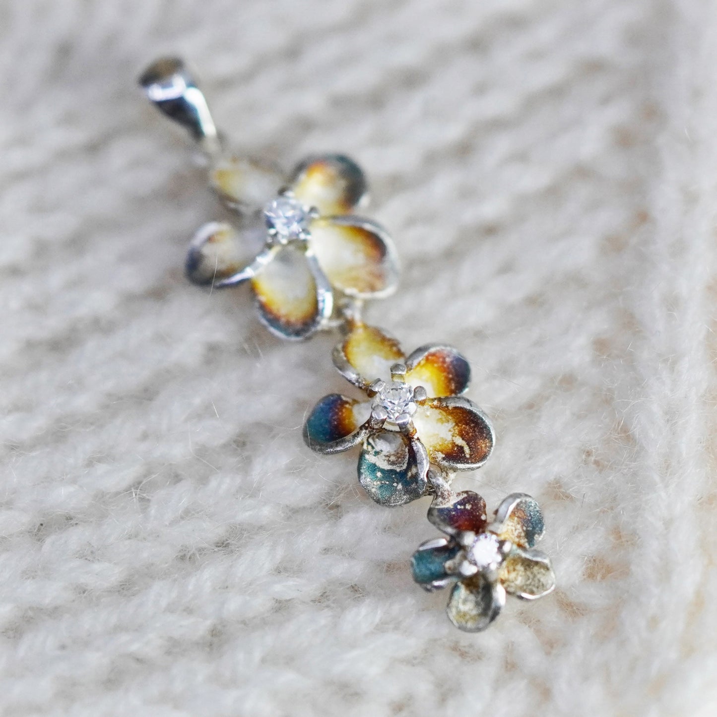 Vintage Sterling silver handmade earrings, 925 plumeria flower with cz