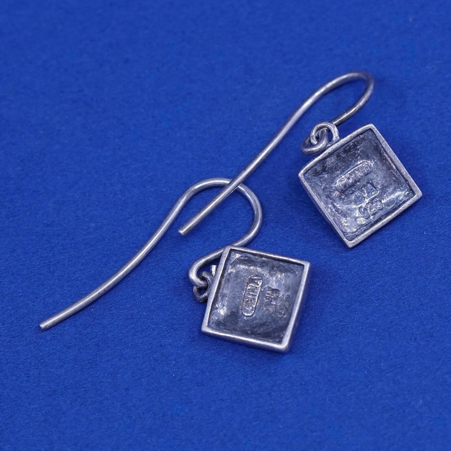 vtg JMA sterling silver handmade earrings, 925 square w/ enamel N marcasite