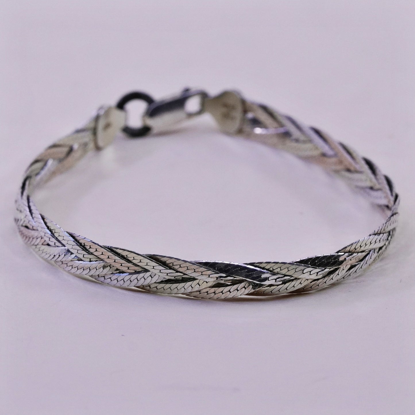 7”, 7mm, Vintage sterling 925 silver herringbone chain, woven bracelet