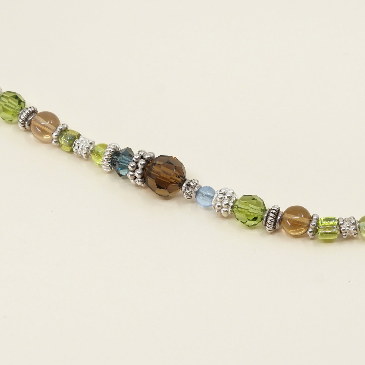 6.75", vtg Sterling silver handmade bracelet, 925 beads n green Swarovski