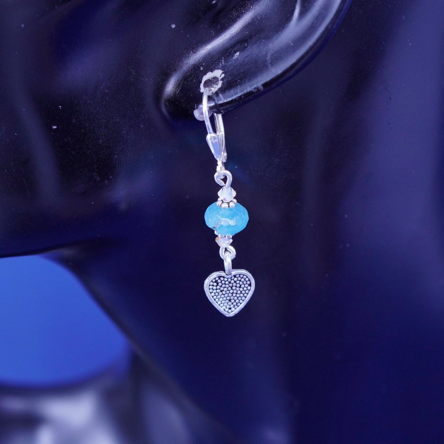 Vintage Sterling silver handmade earrings, 925 heart with jade beads