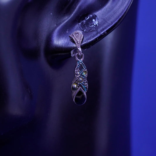 Vintage sterling 925 silver handmade earrings with teardrop obsidian marcasite