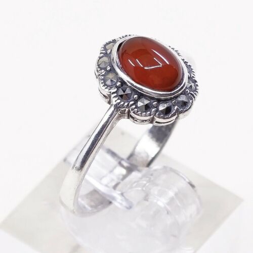 Sz 9.5, Vtg Sterling Silver Handmade Ring, 925 Statement Ring W/ Carnelian