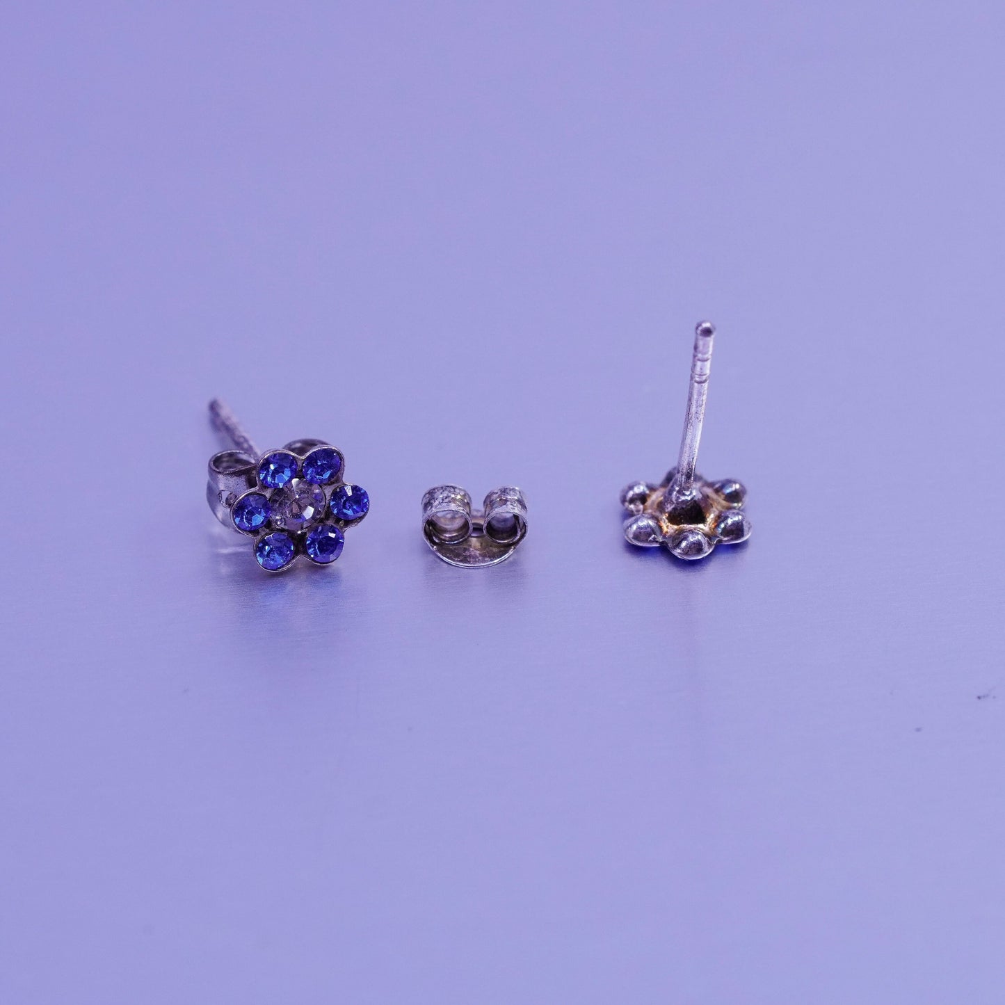 Vintage Sterling 925 silver earrings, flower studs with blue cz inlay