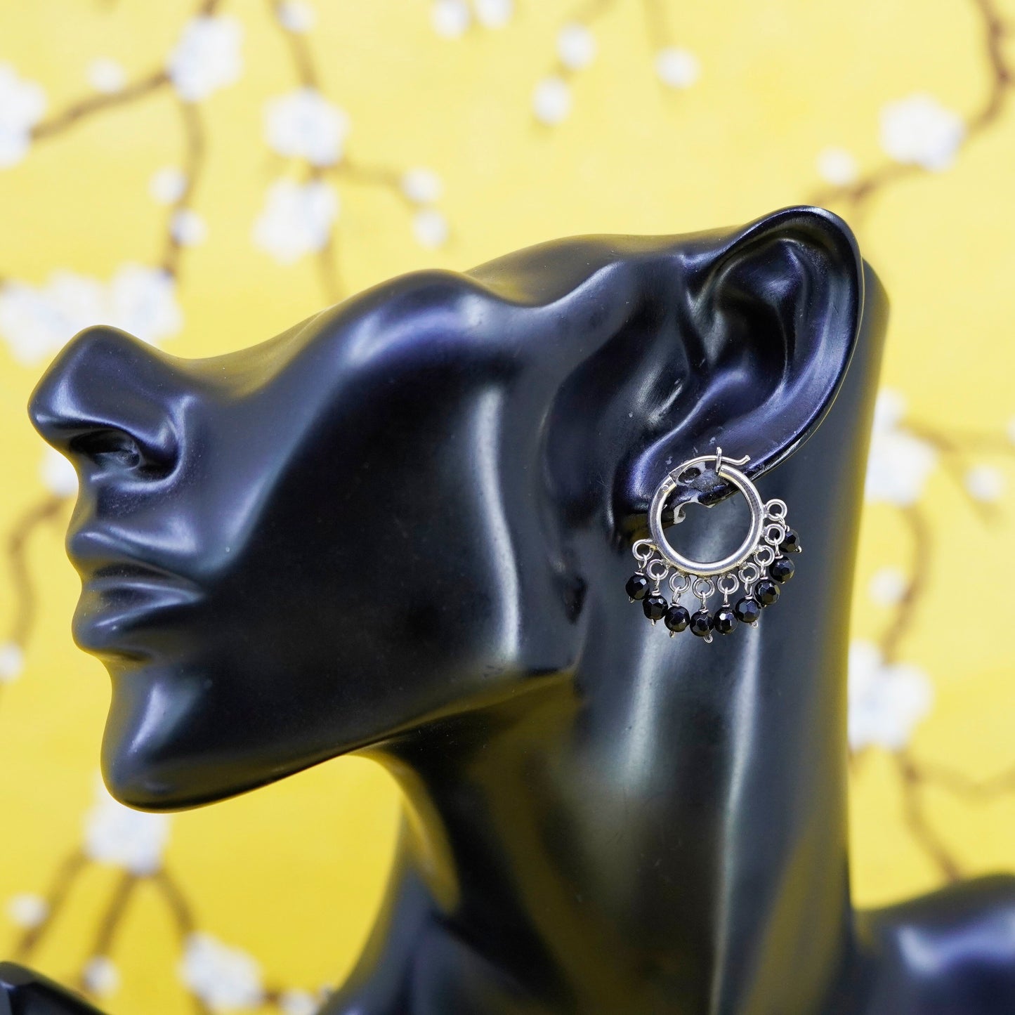 1”, vintage Sterling silver handmade earrings, 925 hoops with cluster obsidian