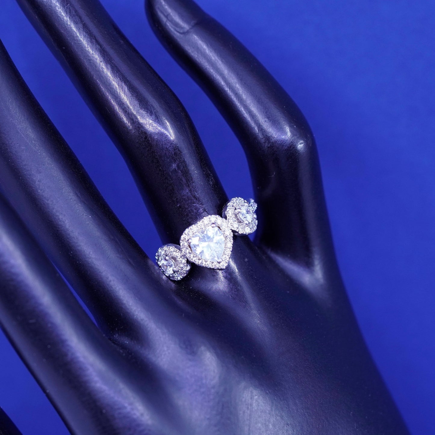 Size 8, vintage Sterling 925 silver engagement ring with heart and cluster Cz