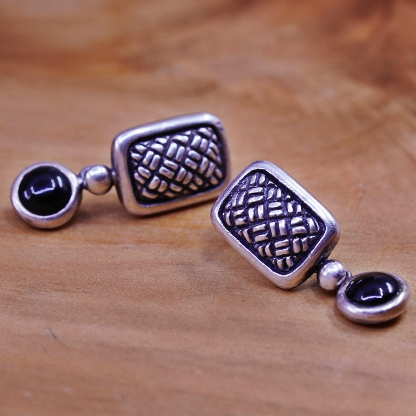 Sterling silver handmade earrings, textured 925 rectangular obsidian beads