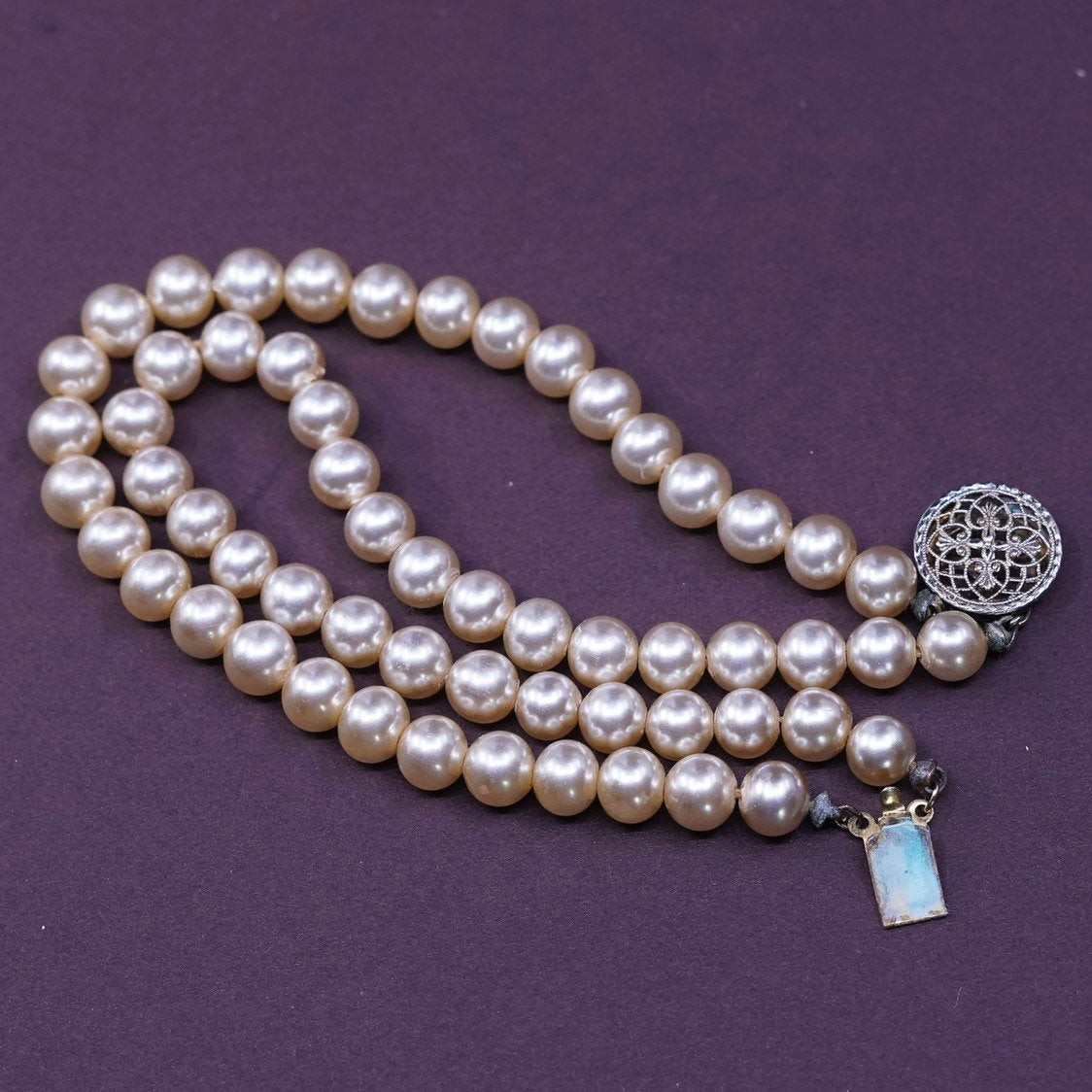 6.75”, vtg double strands Sterling silver handmade bracelet, 925 clasp w/ pearl