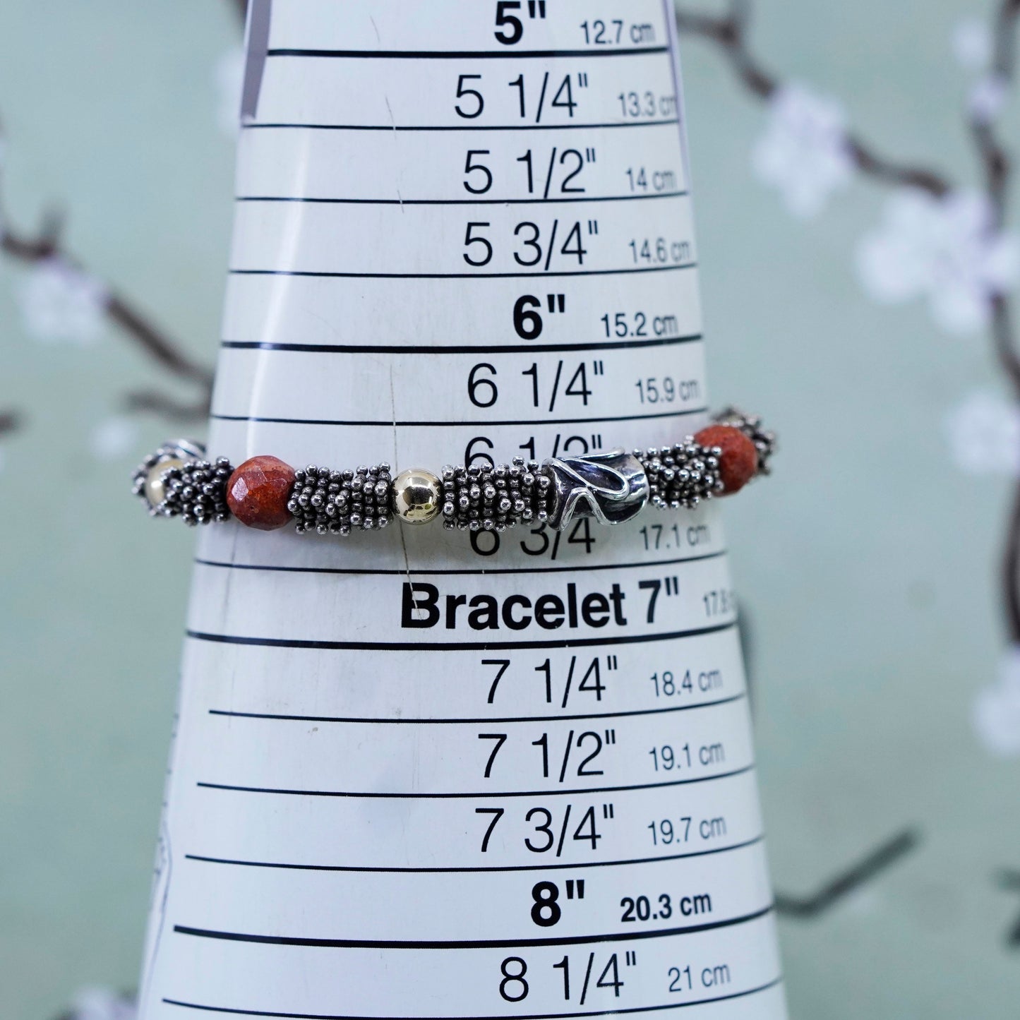6.5”, Vintage southwestern 925 Sterling silver bracelet 14K yellow gold beads
