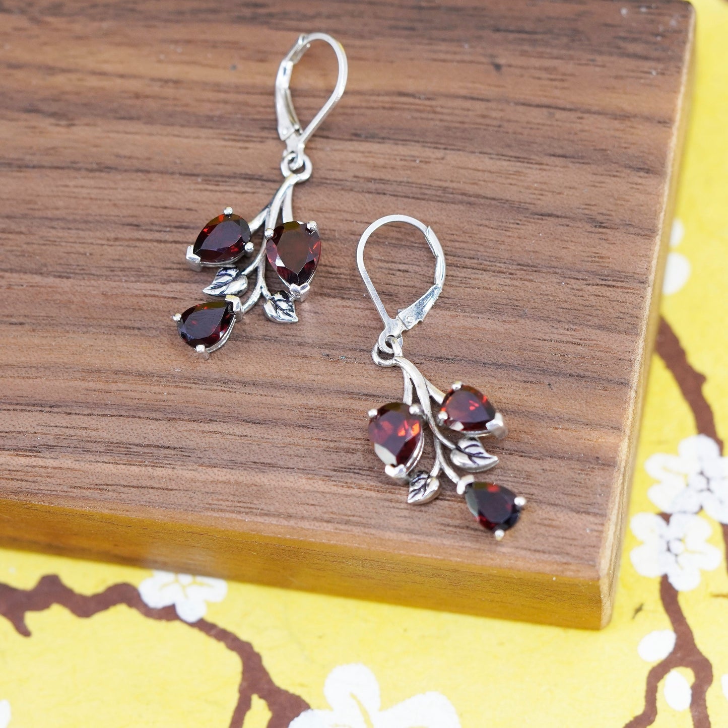 Vintage Sterling 925 silver handmade leafy earrings with ruby