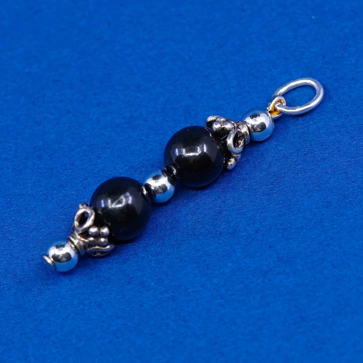 Vintage sterling silver handmade pendant, obsidian bead charm