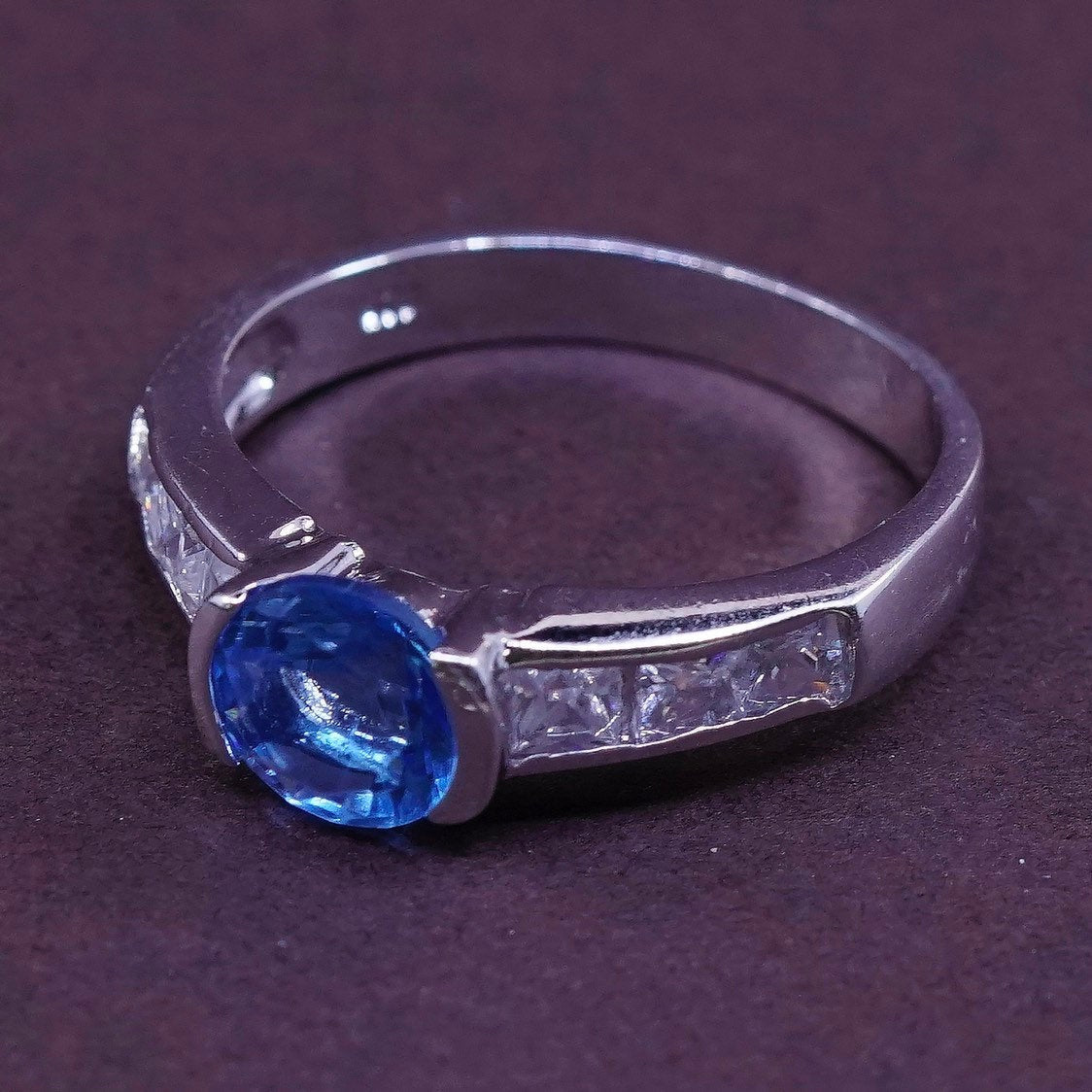 Size 9.5, vtg Sterling silver engagement ring, solid 925 w/ blue topaz and cz