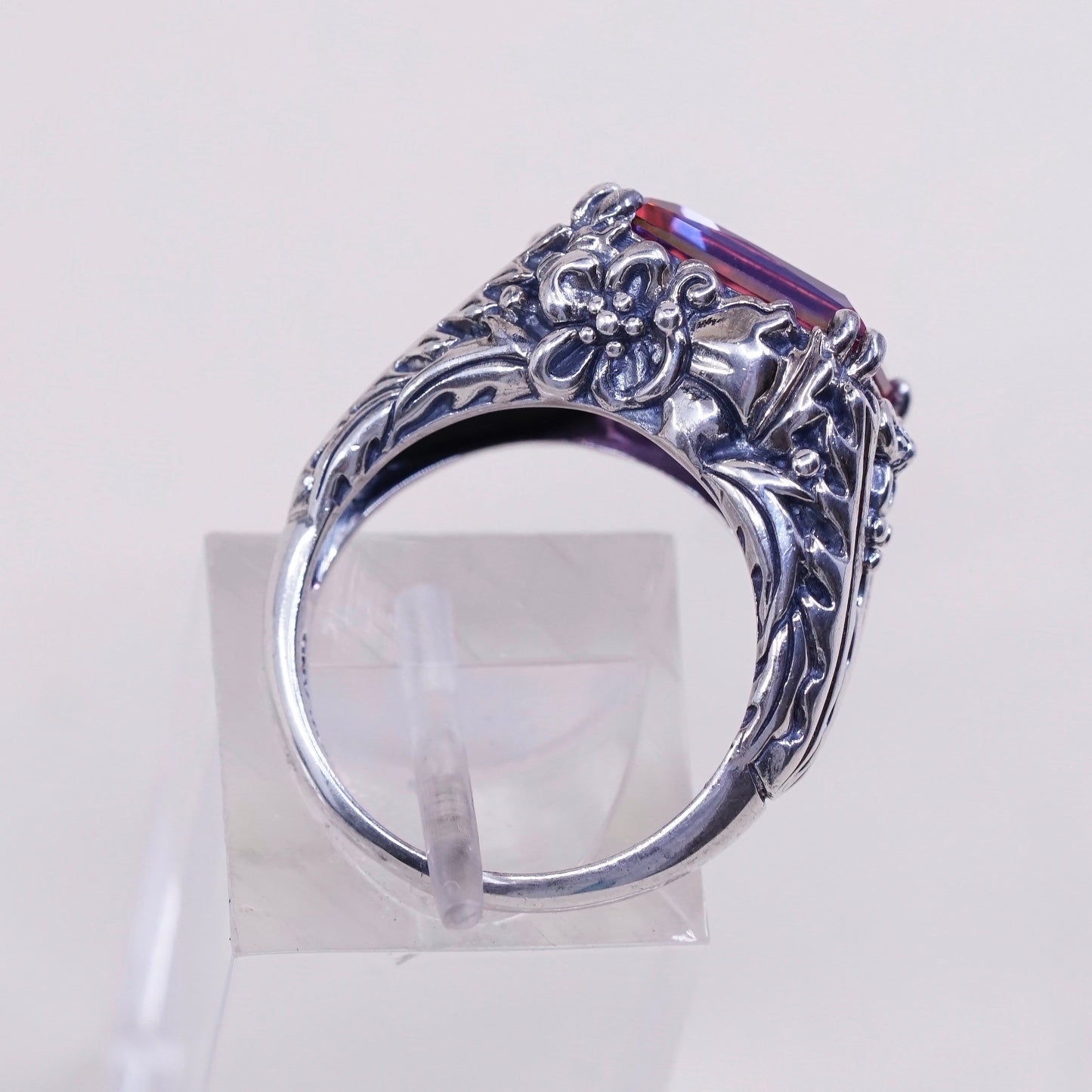 sz 7.25, VTG cocktail Sterling silver handmade ring, 925 crown w/ pink crystal