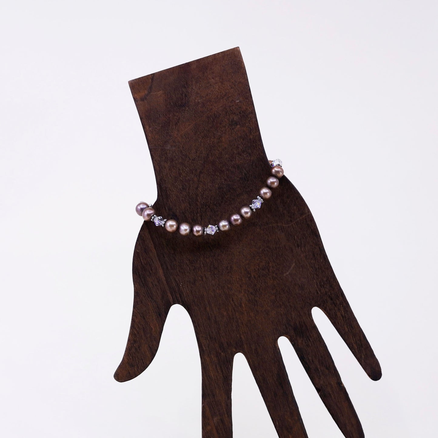 6.5”, Sterling 925 silver handmade bracelet, golden pearl with crystal beads
