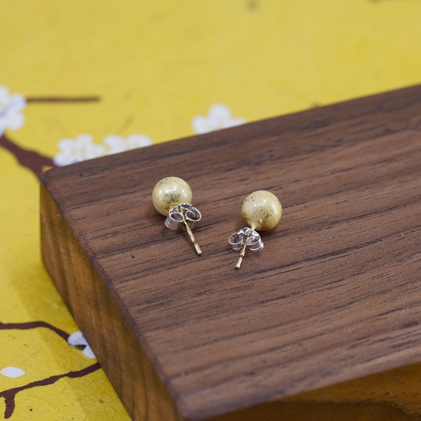 7mm, Vintage vermeil gold over Sterling silver beads studs, 925 earrings