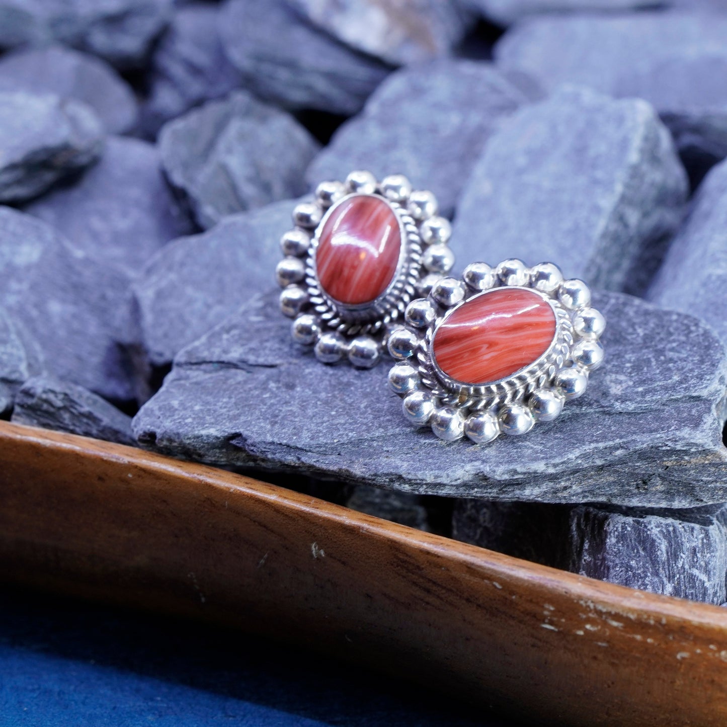Vintage sterling silver handmade earrings, 925 oval studs with red agate beads
