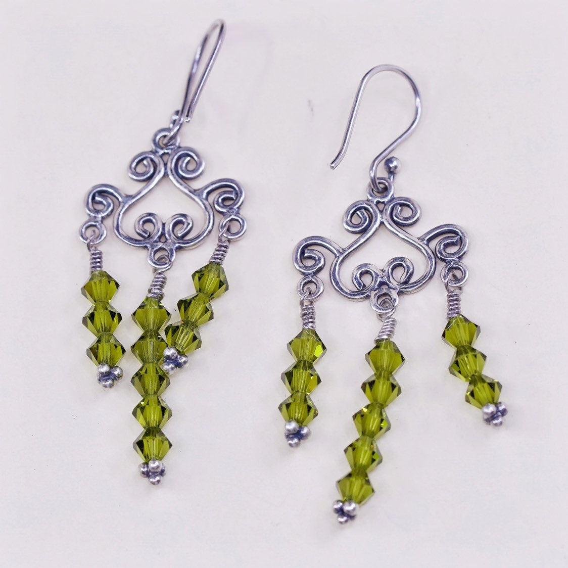 sterling silver handmade earrings 925 w/ green cluster Swarovski crystal fringe