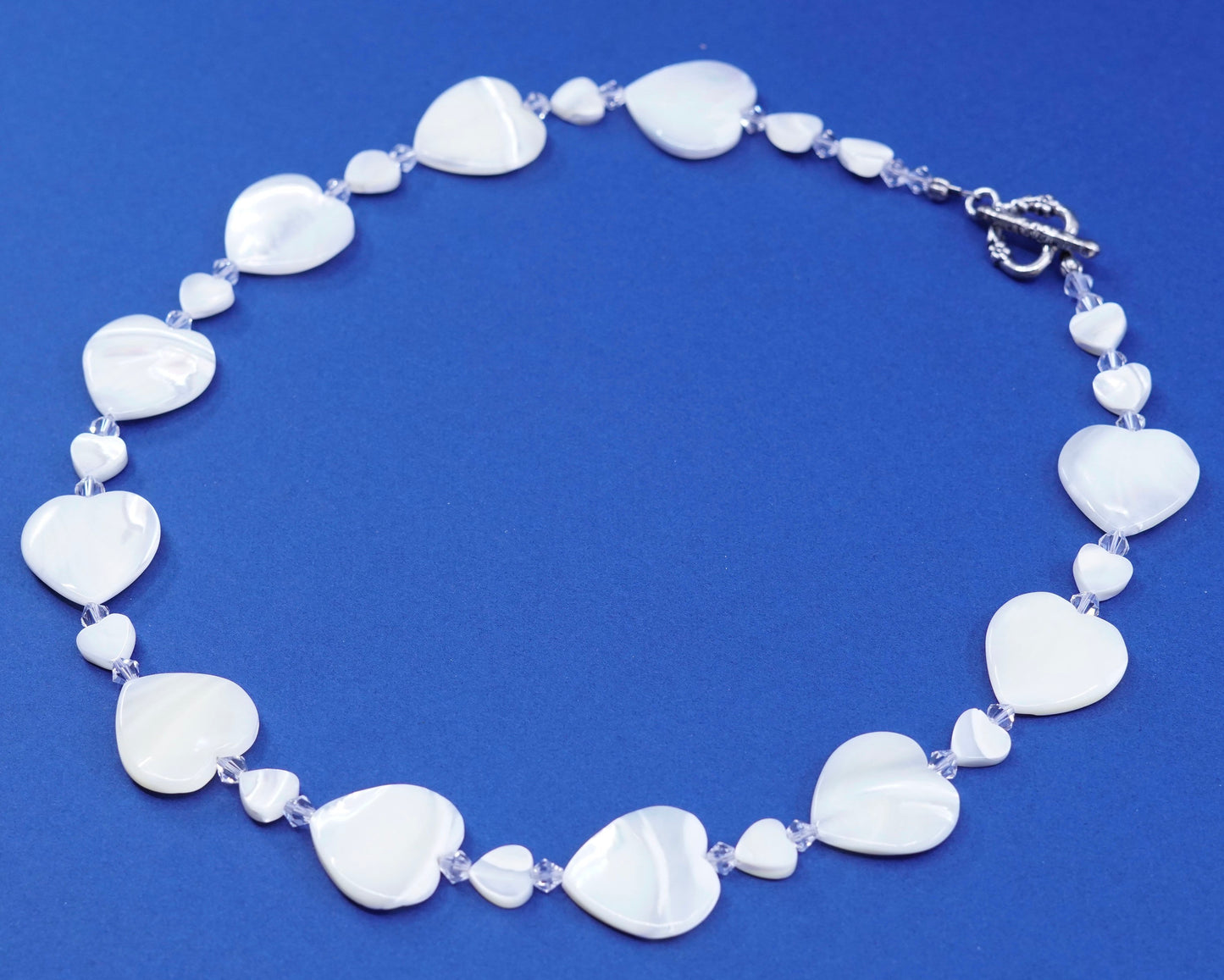 20”, vintage handmade necklace, mother of pearl heart with clear crystal