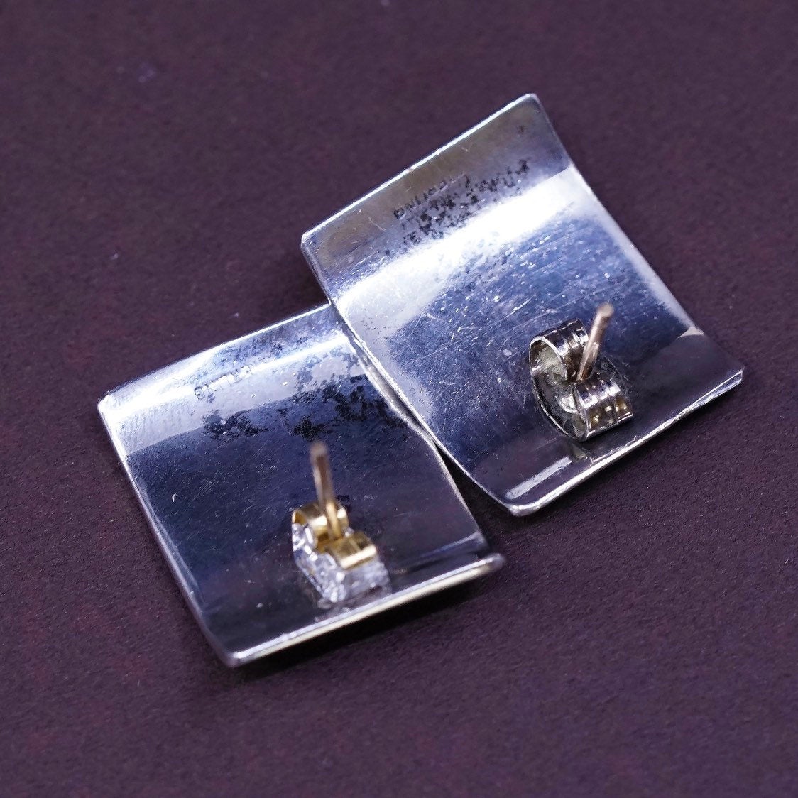 vtg Sterling silver handmade earrings, 925 studs engraved brass bird