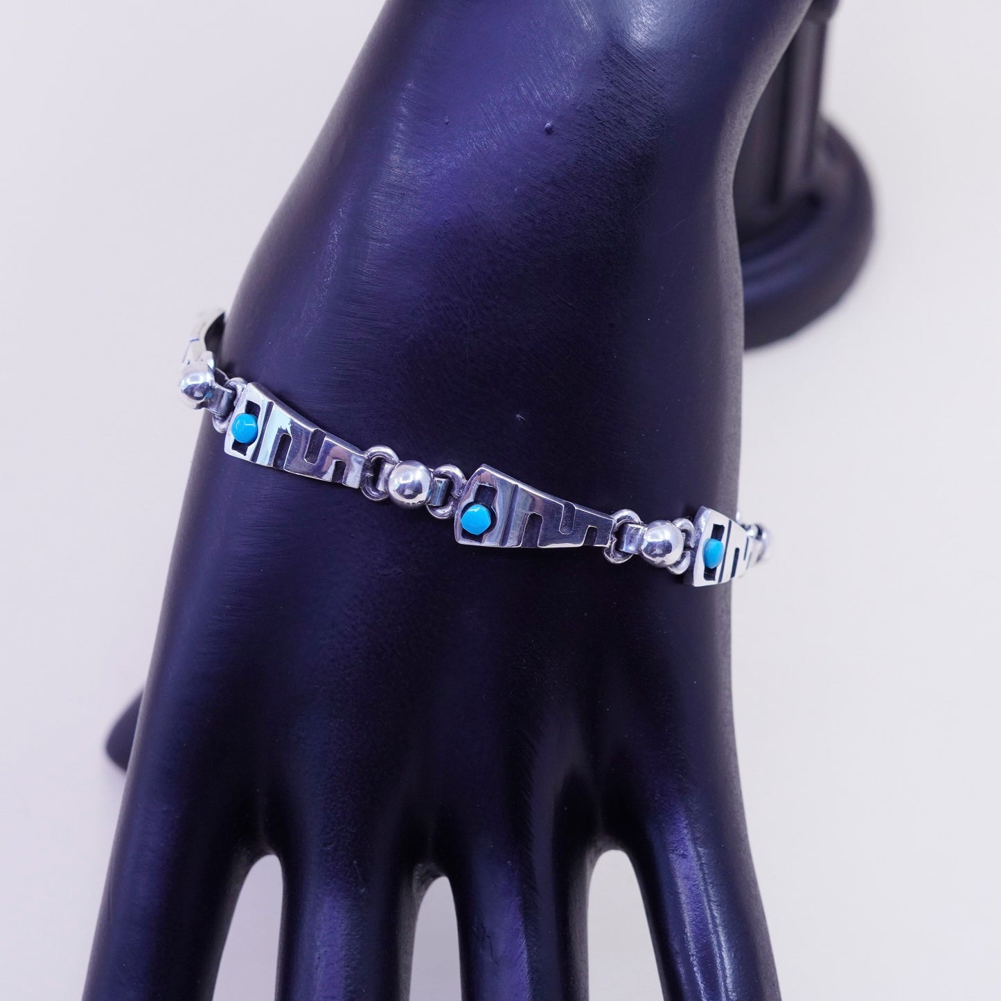 7.25”, Vintage mexico escocia Sterling 950 silver handmade bracelet turquoise