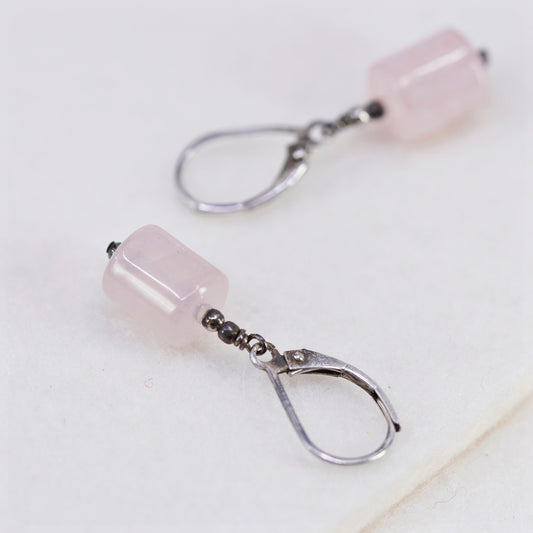 Vintage Sterling 925 silver handmade earrings with pink rose quartz