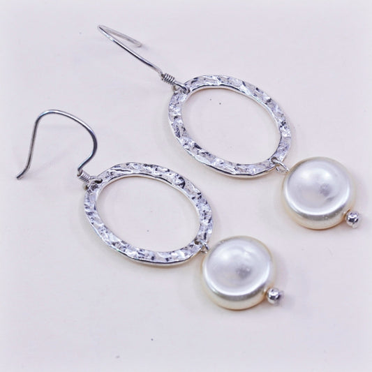 Vintage sterling silver handmade earrings, 925 hammered oval dangles with pearl