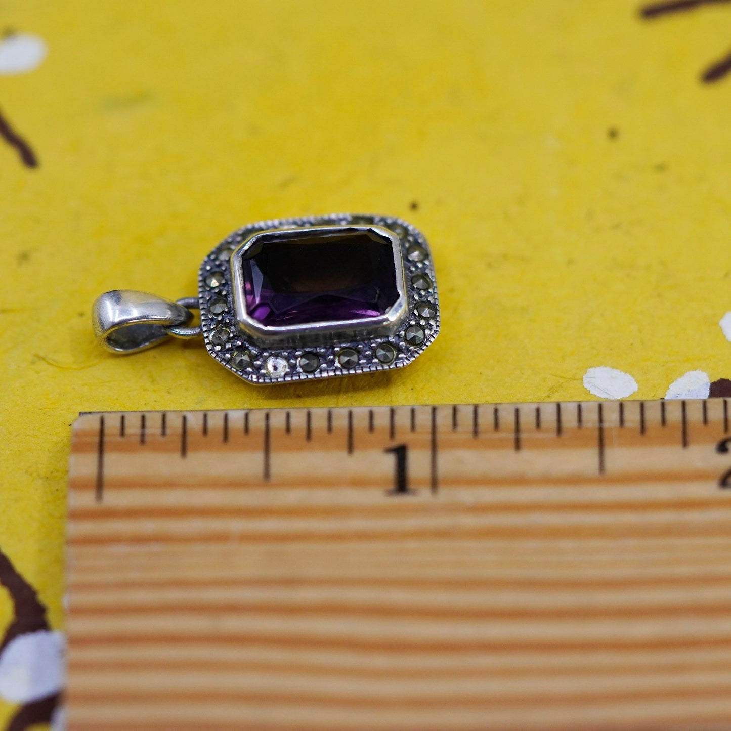 Sterling silver handmade pendant, 925 rectangular with amethyst and marcasite