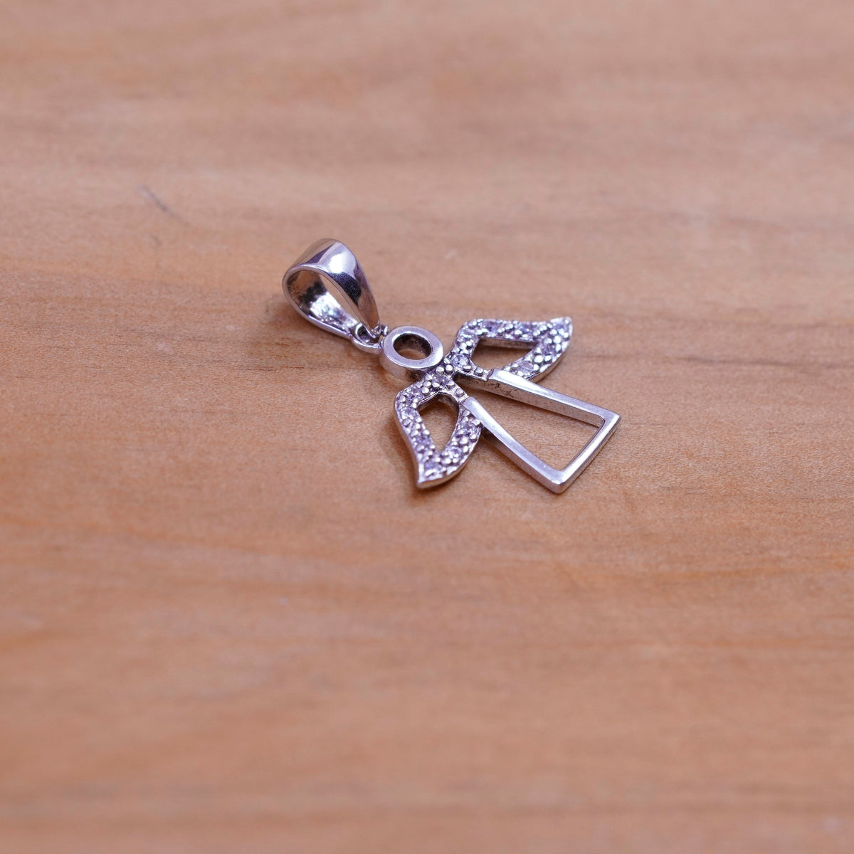 Vintage Sterling silver handmade pendant, 925 angel charm with diamond