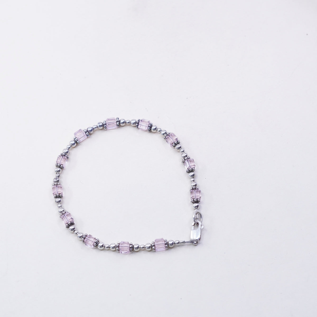 7.5”, Vintage Sterling 925 silver bracelet with pink crystals beads