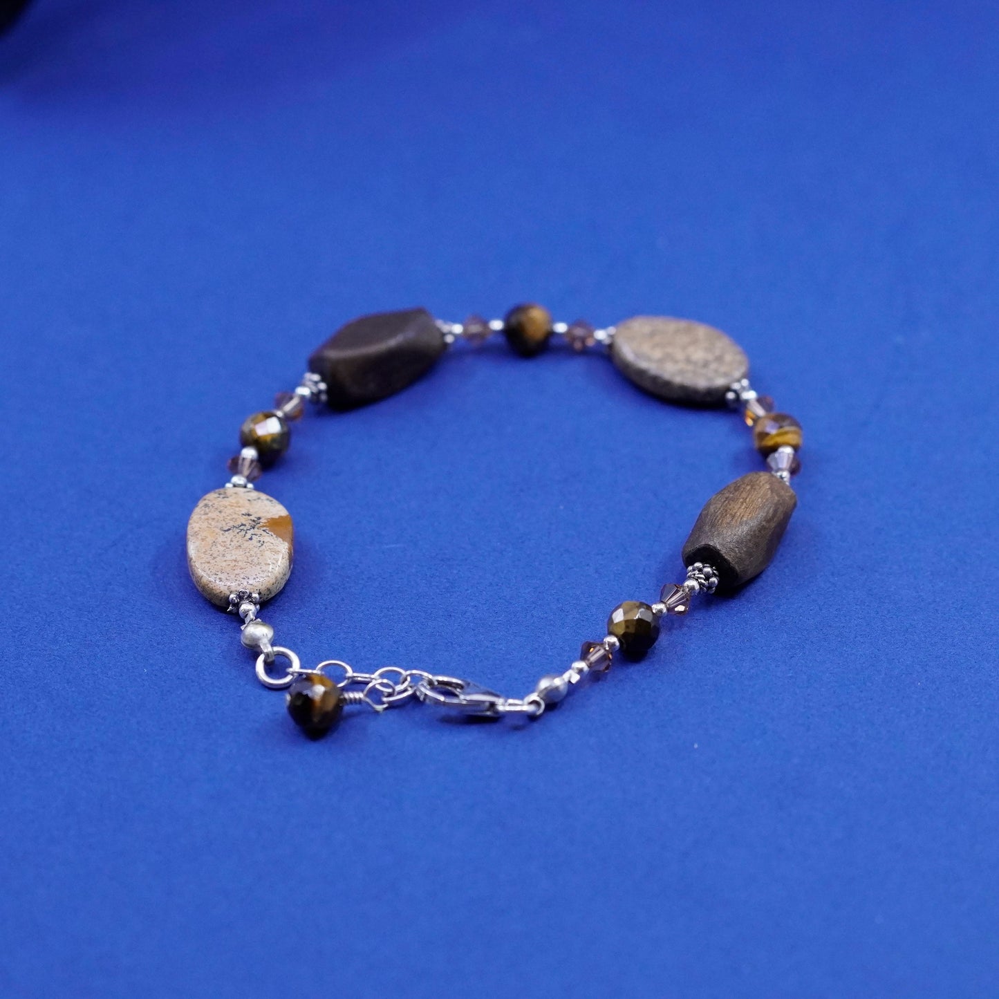 7.5+1”, Sterling 925 Silver tiger eye Wood jasper nugget handmade Bracelet
