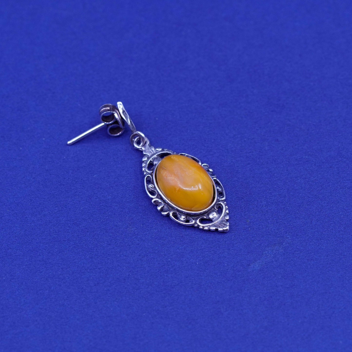 Vintage sterling 925 silver handmade filigree earrings with oval amber