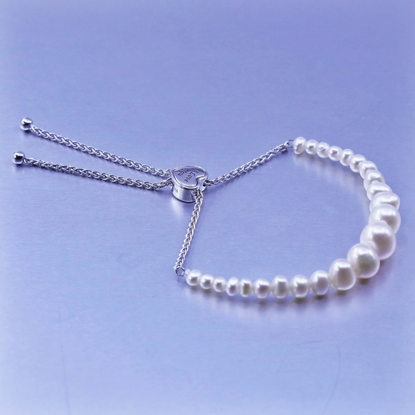 Size adjustable, Sterling 925 silver bracelet pearl heart charm “I love you Zoe