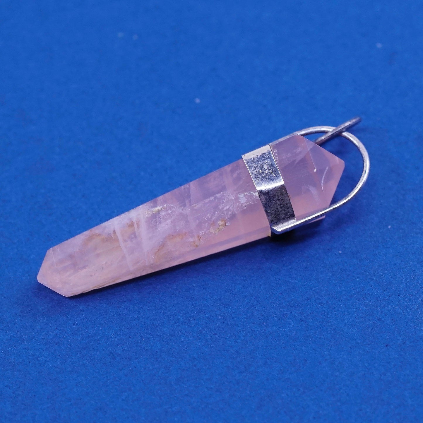 vtg handmade sterling silver charm pendant, 925 pink quartz healing crystal