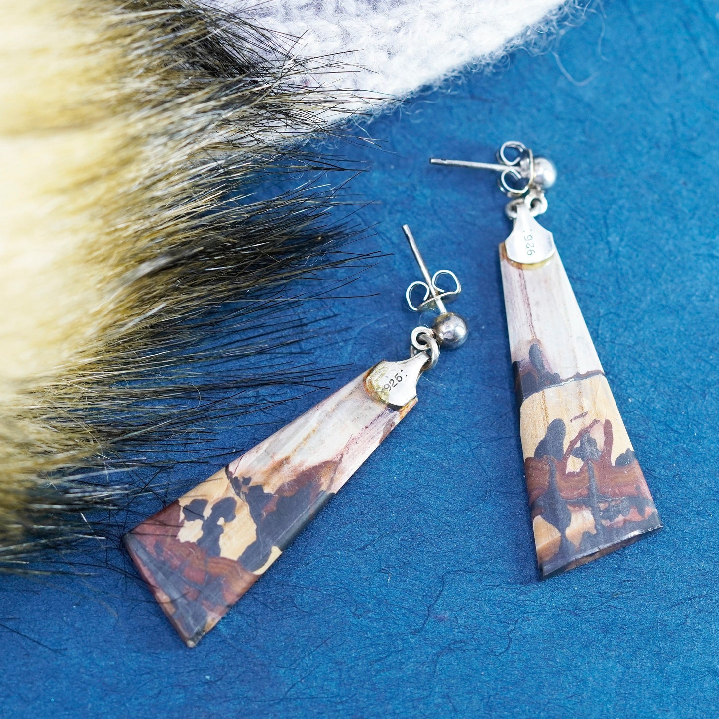 Vintage sterling silver handmade earrings, 925 teardrop wooden drops