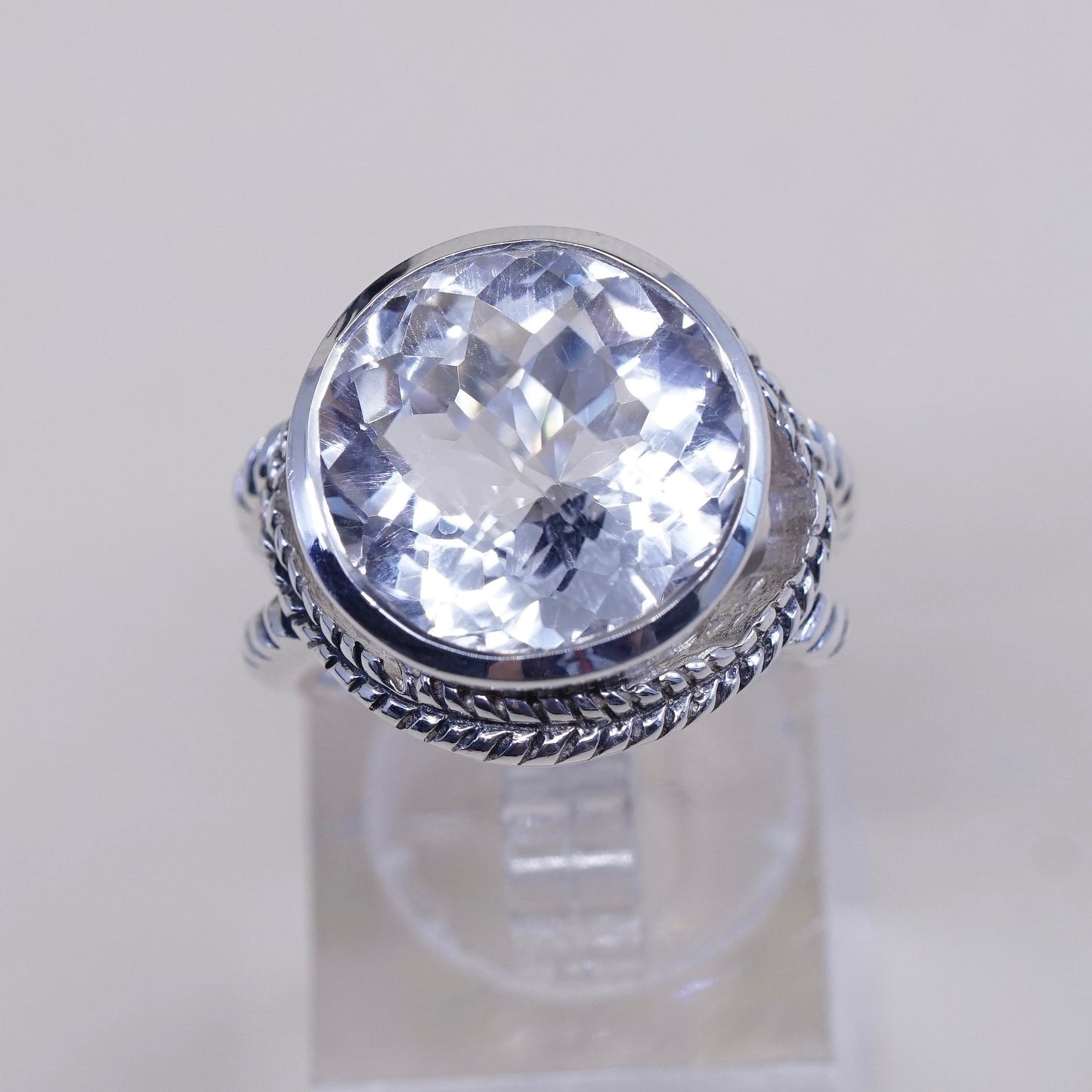 sz 6, vtg Sterling 925 silver handmade cocktail ring w/ crystal