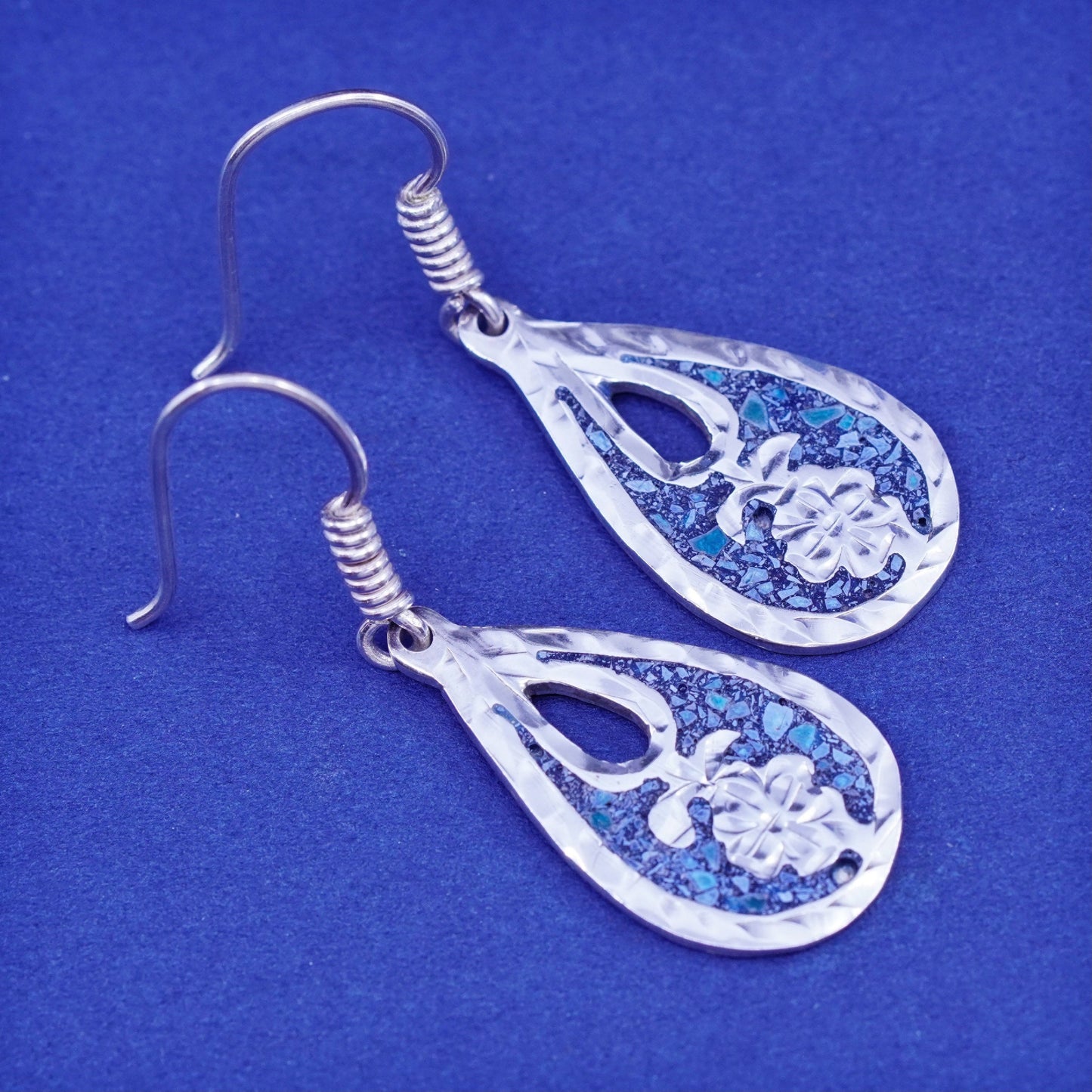Vintage sterling 925 silver handmade teardrop earrings with turquoise inlay