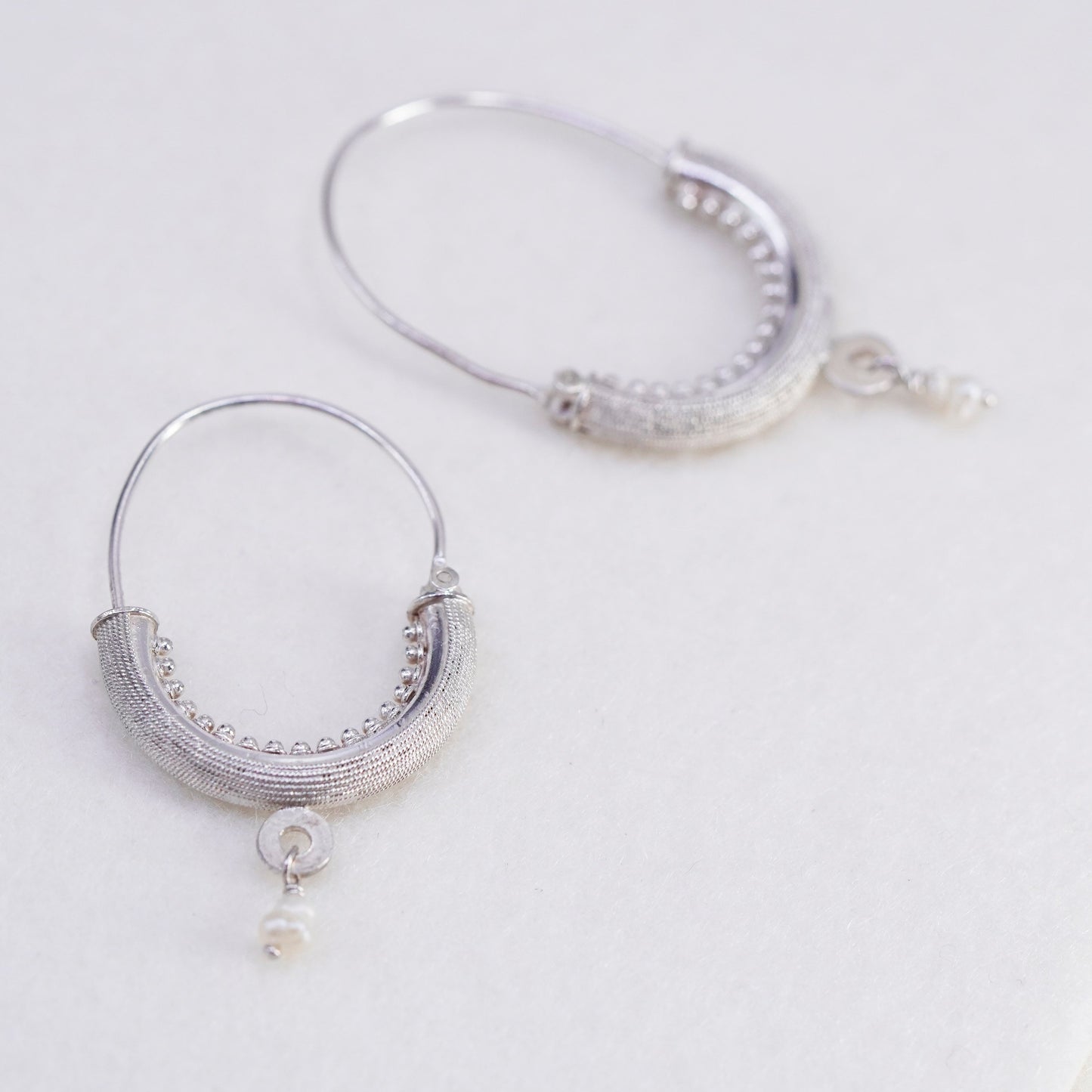 1.5”, vintage Sterling silver handmade earrings, wired 925 textured hoops pearl