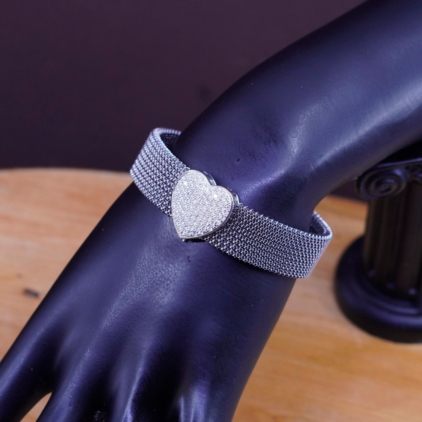 6”, Sterling 925 silver handmade bracelet, mesh bangle cluster cz heart charm