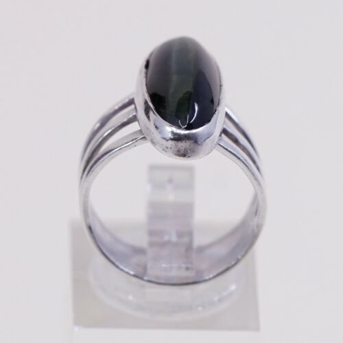 Sz 6, Vtg Handmade Sterling 925 Silver Ring W/ Black Tiger Eye, Silver Tested