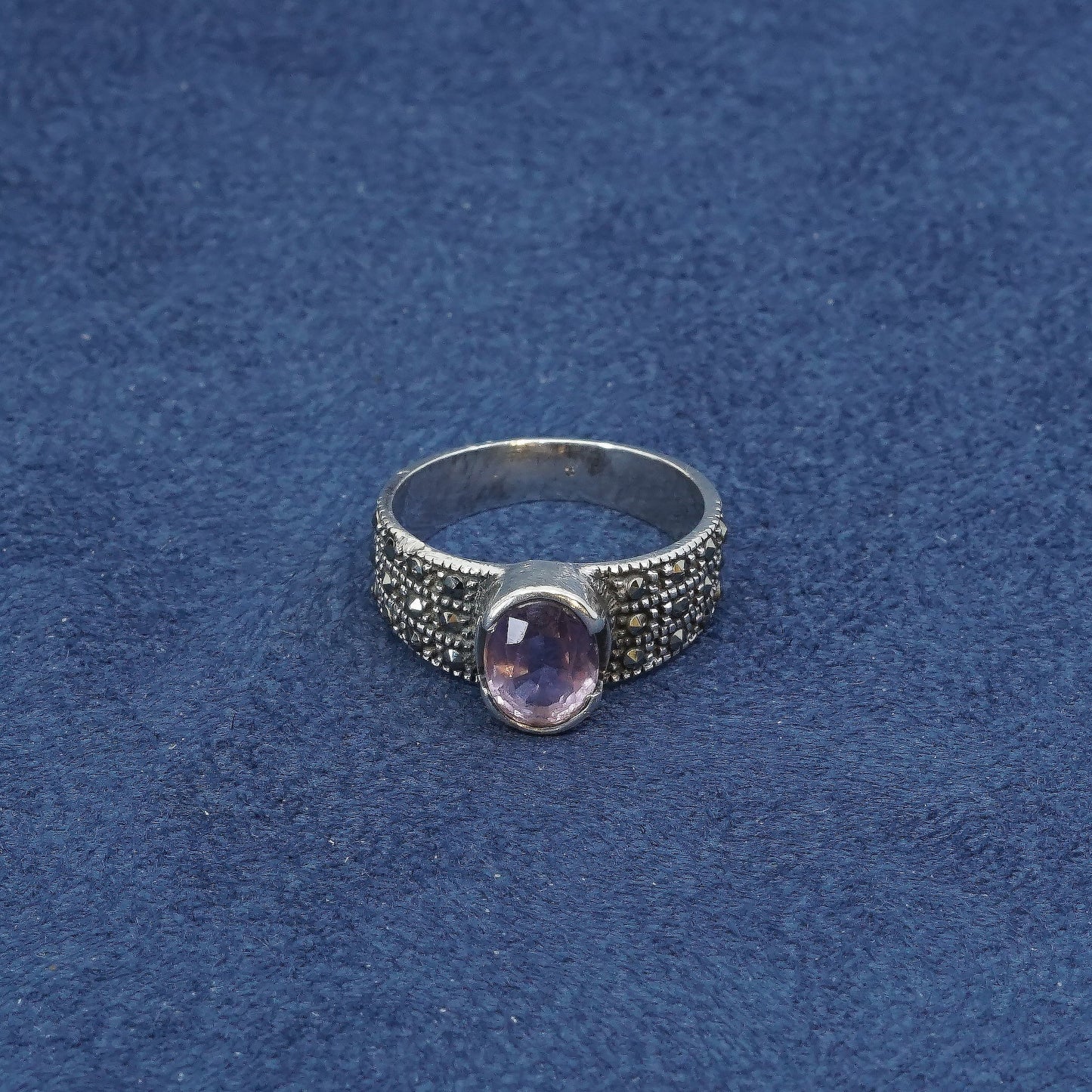 sz 6.5, vtg Sterling silver handmade ring, 925 w/ amethyst N marcasite