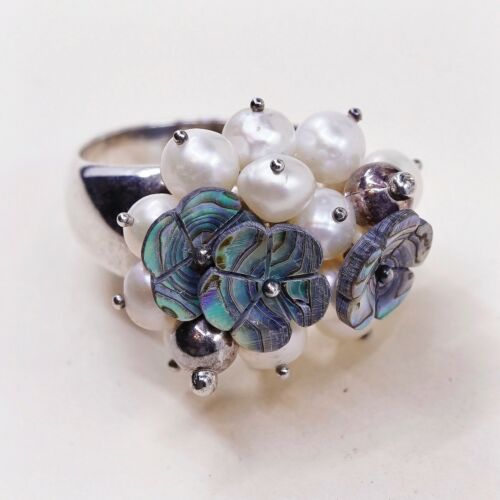 Sz 8.5, vintage Sterling 925 Silver Ring W/ Abalone flower N cluster Pearl