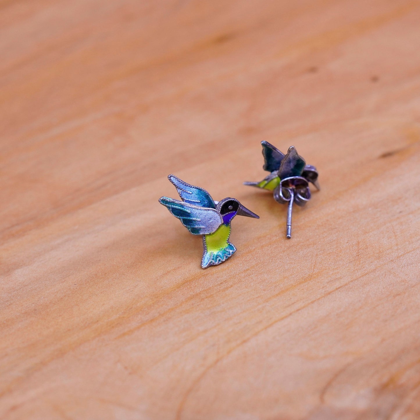 Vintage Sterling silver handmade earrings, 925 enamel hummingbird studs