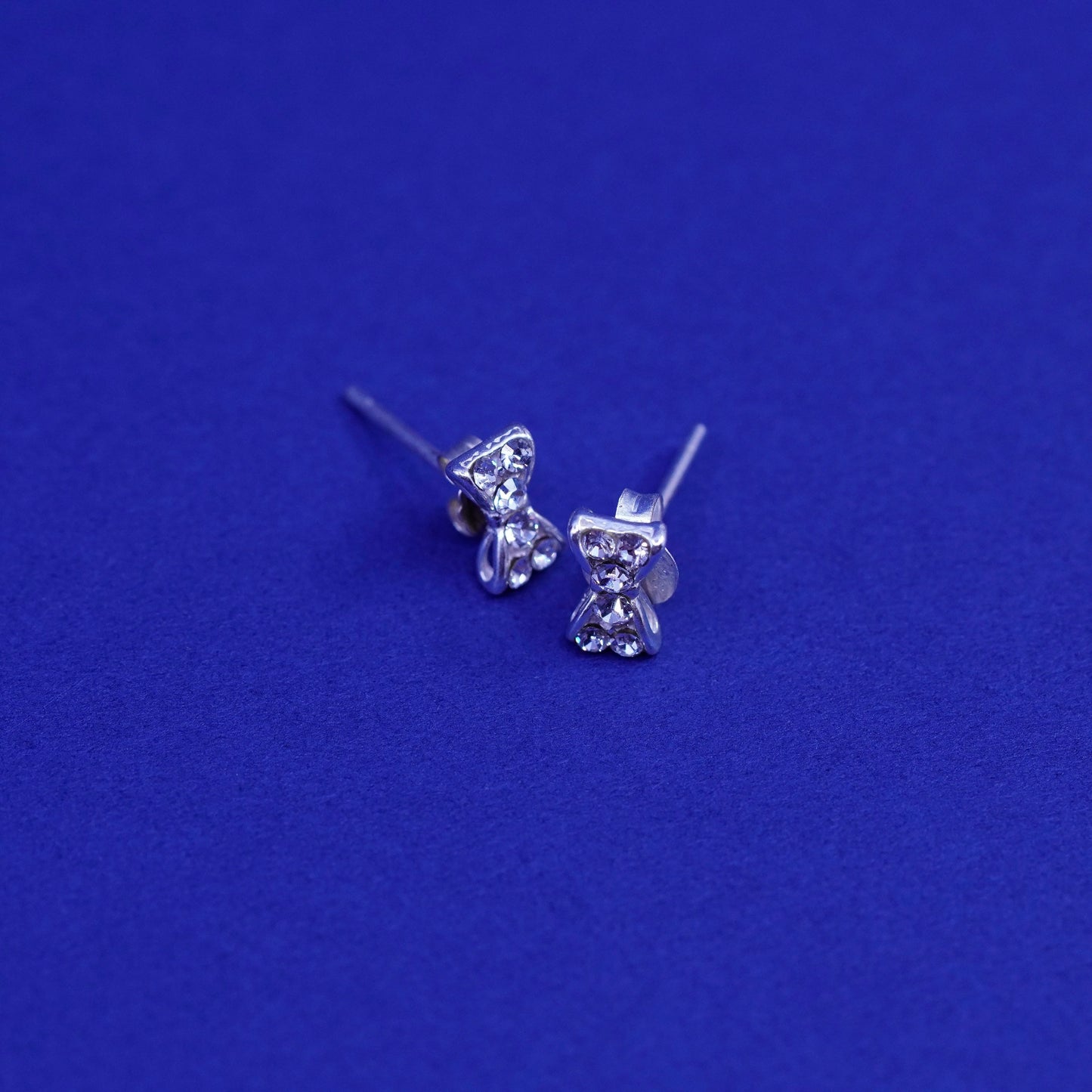 Vintage sterling silver handmade earrings, ribbon bow 925 studs with cluster CZ