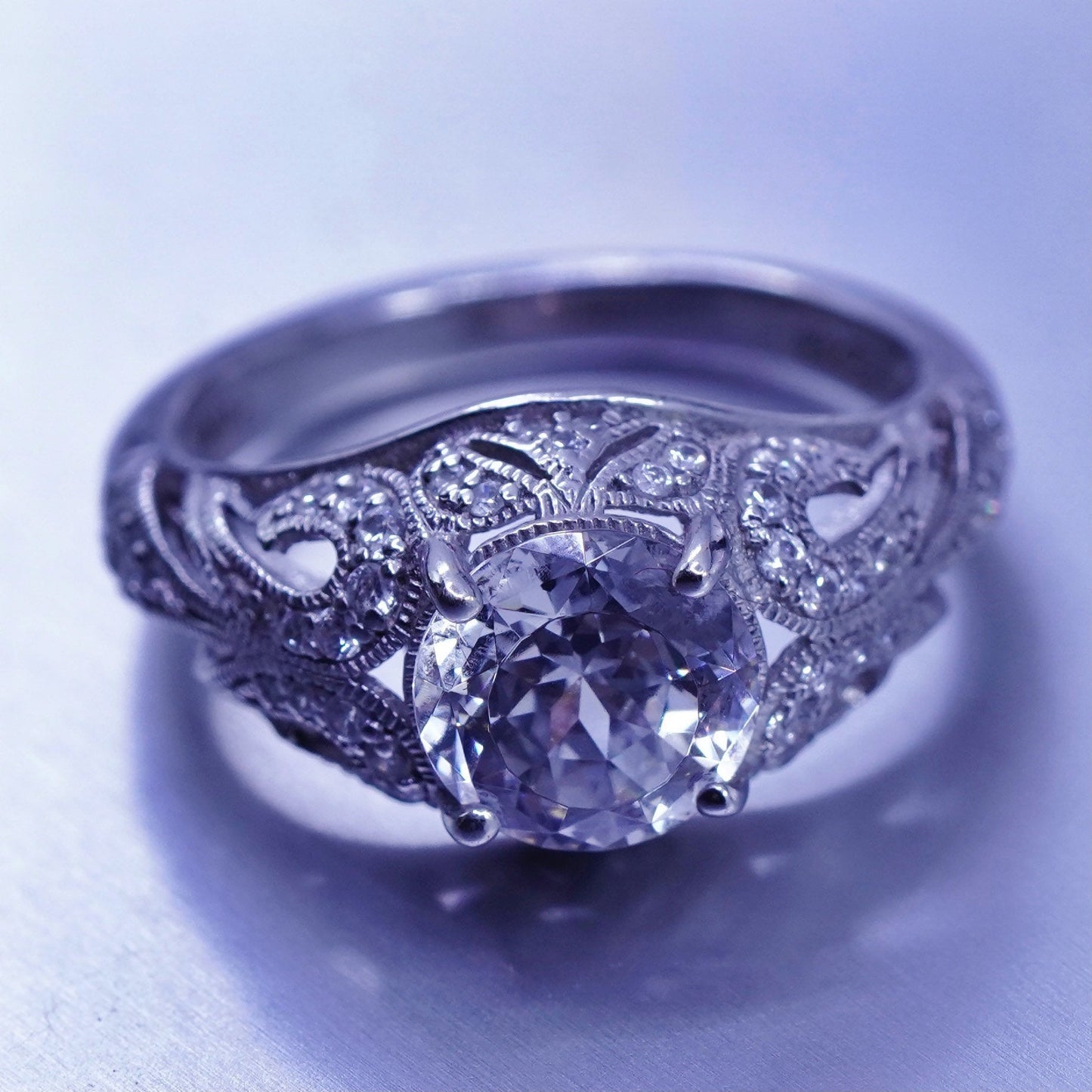 Size 7.25, vintage Sterling 925 silver handmade engagement ring with Cz