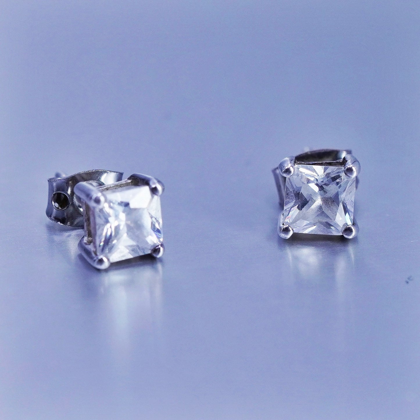 5mm, Vintage Sterling 925 silver handmade earrings, square cz studs