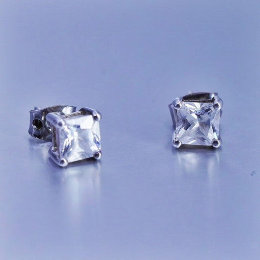 5mm, Vintage Sterling 925 silver handmade earrings, square cz studs