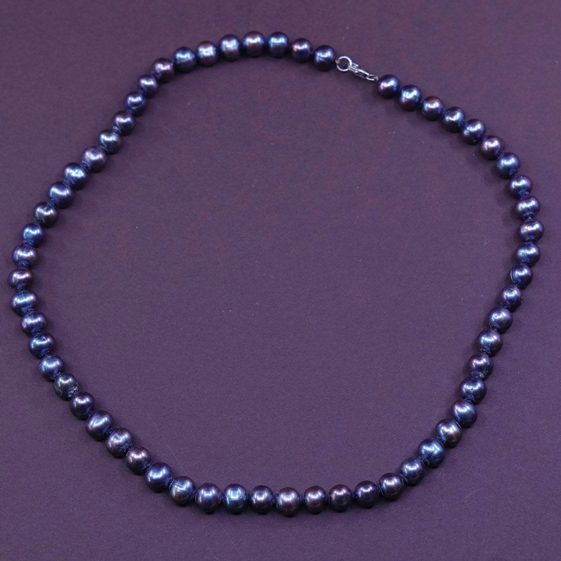 18", vtg Sterling silver handmade necklace, 925 clasp 7-8mm black pearl beads