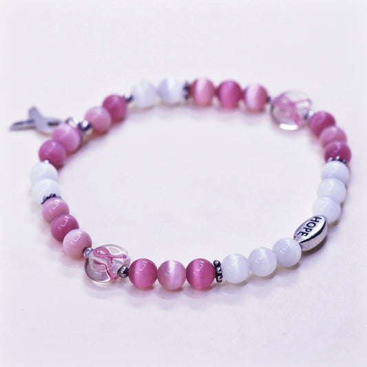 7.5”, “Hope” bracelet, pink cats eye beads elastic band 925 ribbon bow tie